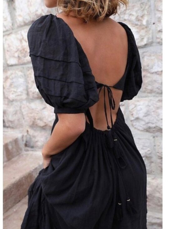 Free People Dresses & Skirts - Free People Let's Be Friends black midi dress with a back cutout and puff sleeve